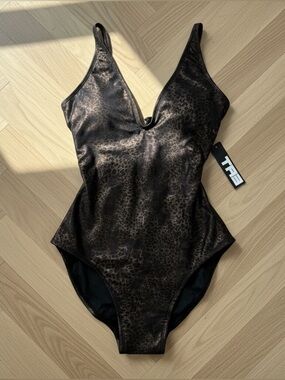 TA3 Metallic Leopard Plungey Swimsuit SMALL Short NWT Corset One Piece RARE!🦄